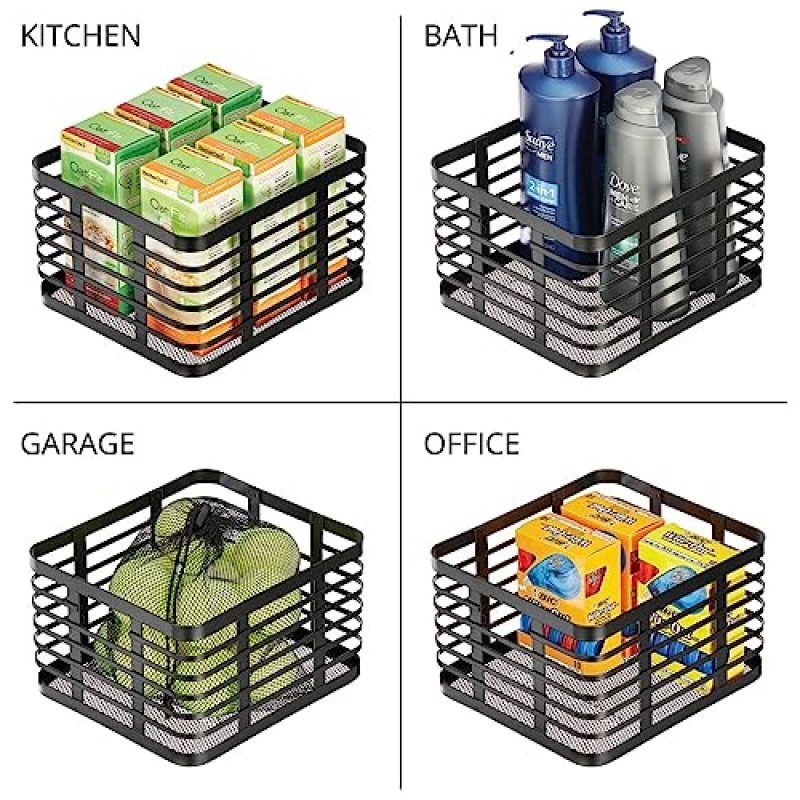 주방, 식료품 저장실 선반, 캐비닛, 조리대, 과일, 야채 및 스낵 정리용 상자 보관을 위한 mDesign 소형 금속 와이어 음식 상자 바구니 정리함, 카슨 컬렉션, 6팩, 매트 블랙