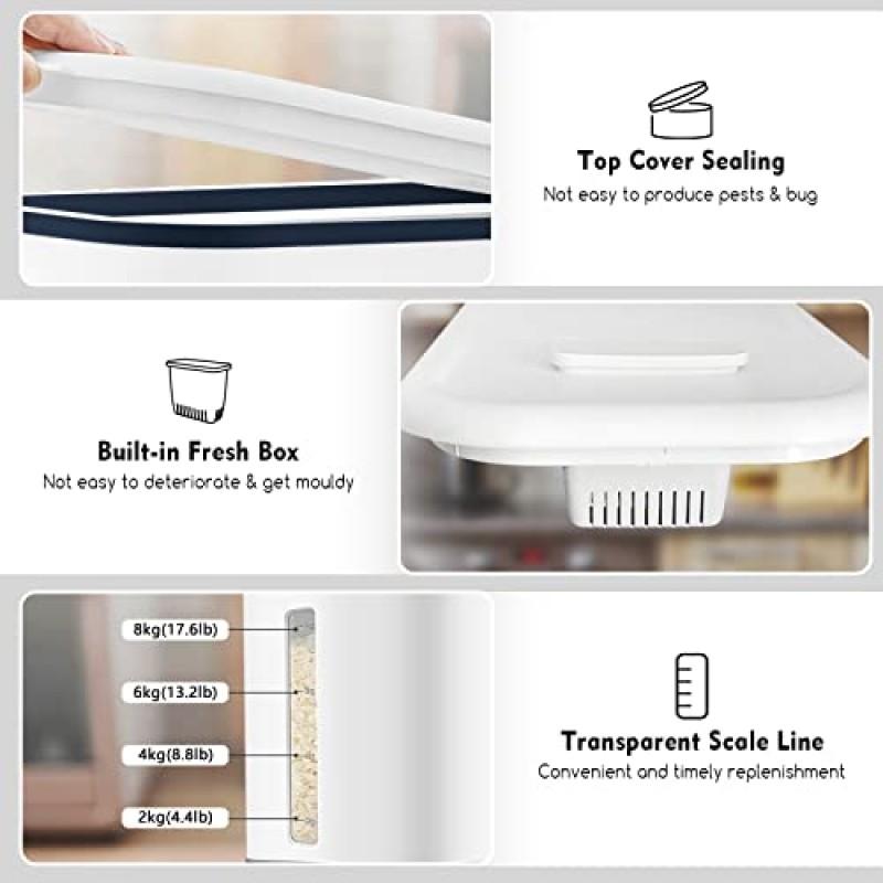 VenDotbi 쌀 디스펜서, 계량컵이 포함된 22-25파운드 쌀 용기, 업그레이드된 내장 신선한 상자, 가정용 주방 식품 저장실용 뚜껑이 있는 시리얼 디스펜서 보관함 쌀 대두 옥수수-네이비 블루