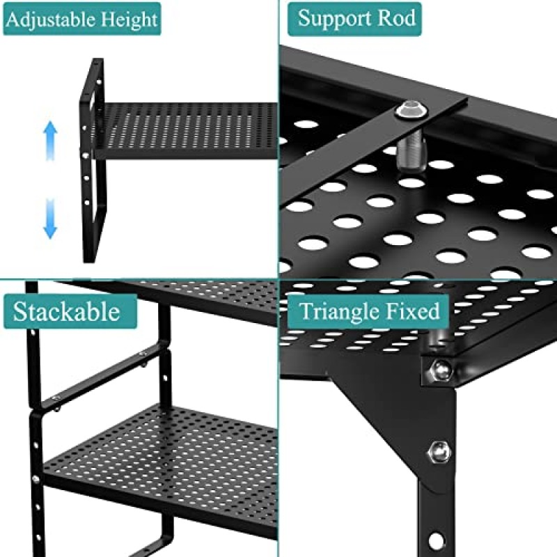 ARCCI 확장형 주방 캐비닛 선반 정리함, 쌓을 수 있는 금속 식료품 저장실 보관 선반 랙, 캐비닛용 조절 가능한 카운터 선반, 조리대, 찬장 정리함 및 보관함, 검정색