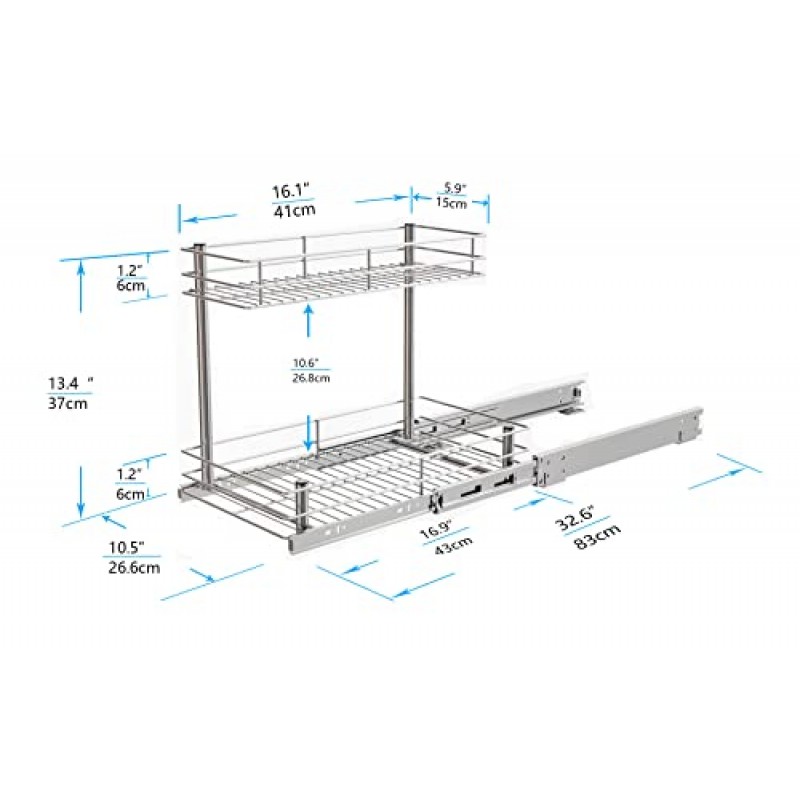 HANKEY 풀아웃 홈 정리함, 주방/욕실 내부 캐비닛용 싱크대 아래 2단 슬라이딩 선반 - 10.47W x 16.93D x 14.56H, 튼튼한 금속