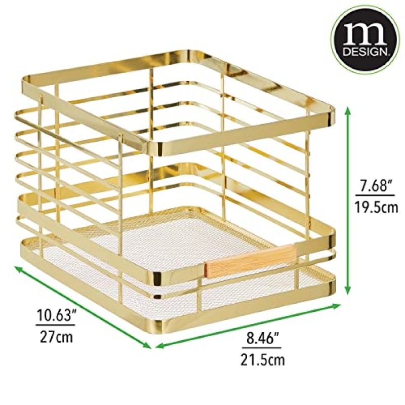 mDesign 금속 와이어 소박한 농가 대형 음식 정리함 주방 식료품 저장실 선반, 캐비닛 또는 찬장용 대나무 나무 손잡이가 있는 쌓을 수 있는 보관함 바구니 - 2 팩 - 부드러운 황동/천연