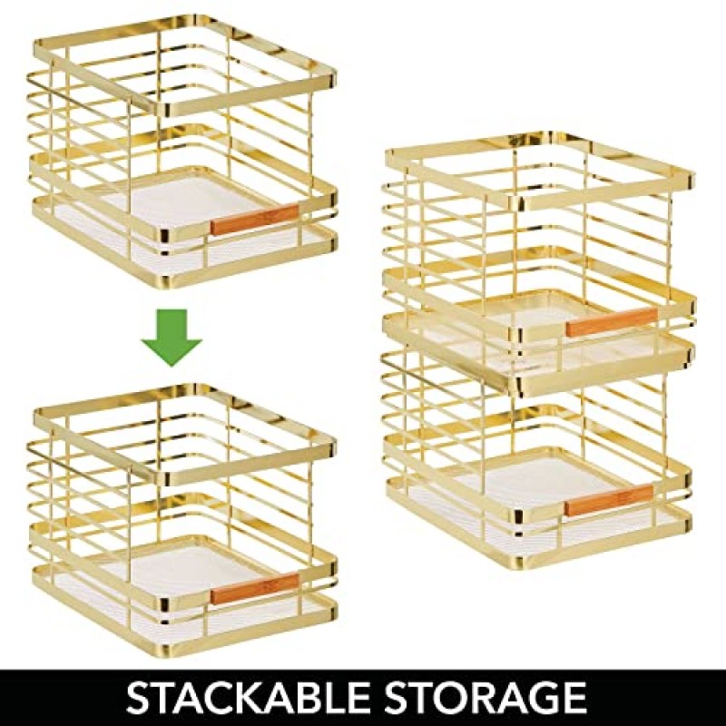 mDesign 금속 와이어 소박한 농가 대형 음식 정리함 주방 식료품 저장실 선반, 캐비닛 또는 찬장용 대나무 나무 손잡이가 있는 쌓을 수 있는 보관함 바구니 - 2 팩 - 부드러운 황동/천연
