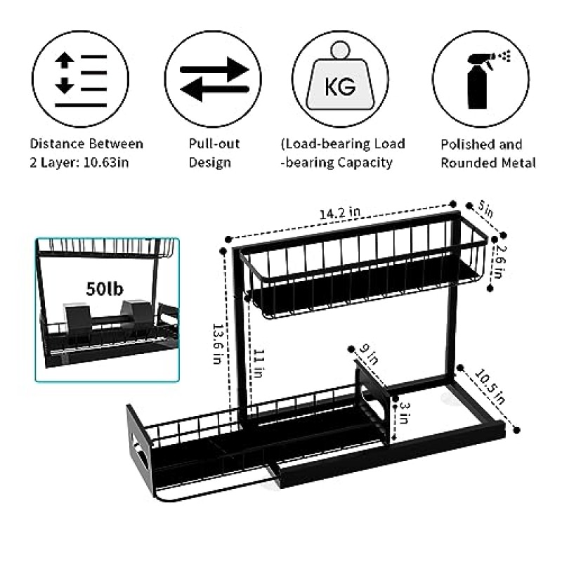 언더 싱크 정리함 및 보관함, 2단 L자형 주방 정리함 랙, 욕실용 슬라이딩 캐비닛 서랍이 포함된 튼튼한 다용도 보관 선반, 식료품 저장실