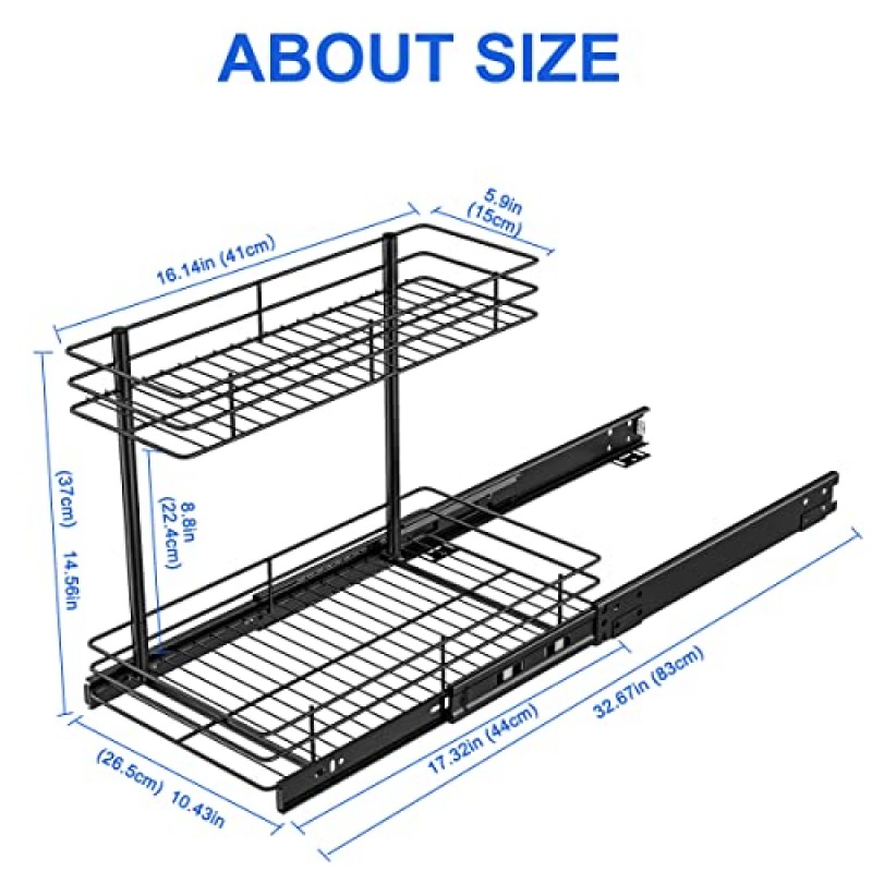 FANHAO 인출식 캐비닛 정리함, 싱크대 아래 2단 와이어 바구니 슬라이딩 서랍 보관 기능이 있는 슬라이드 아웃 보관 선반 - 10.43W x 17.32D x 14.56H, 최소 12인치 캐비닛 입구 요청, 매트 블랙