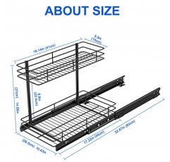 FANHAO 인출식 캐비닛 정리함, 싱크대 아래 2단 와이어 바구니 슬라이딩 서랍 보관 기능이 있는 슬라이드 아웃 보관 선반 - 10.43W x 17.32D x 14.56H, 최소 12인치 캐비닛 입구 요청, 매트 블랙