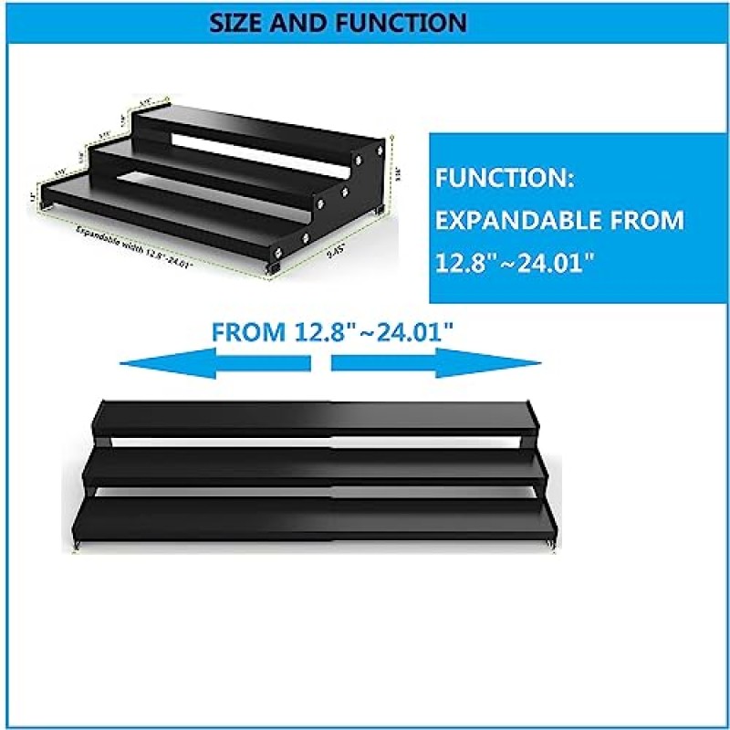 캐비닛용 3단 계단 선반이 있는 확장형 스파이스 랙 정리함, 조미료 랙 정리함. 주방 조리대 선반, 욕실, 화장대, 찬장, 식료품 저장실 등에 적합합니다(2팩/건그레이).