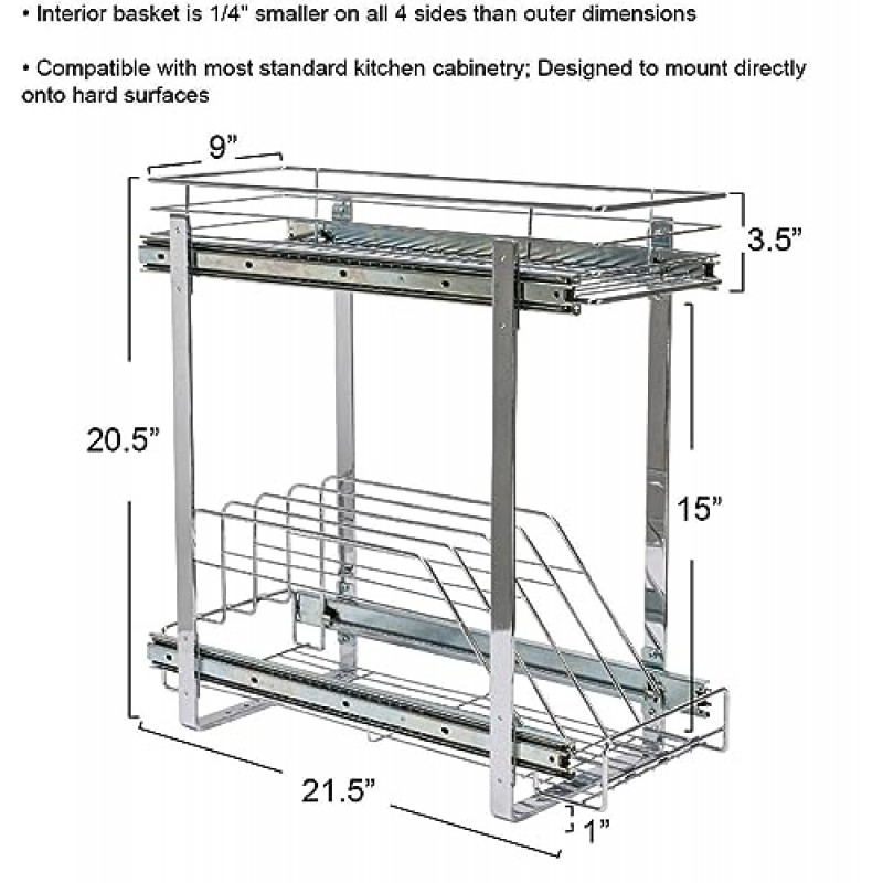가정용 필수품 Glidez 다용도 크롬 도금 강철 풀아웃/슬라이드아웃 조리기구 및 제빵기구용 이중 슬라이딩 수납 정리함 - 2단 디자인 - 표준 크기 캐비닛 또는 선반, 크롬에 적합
