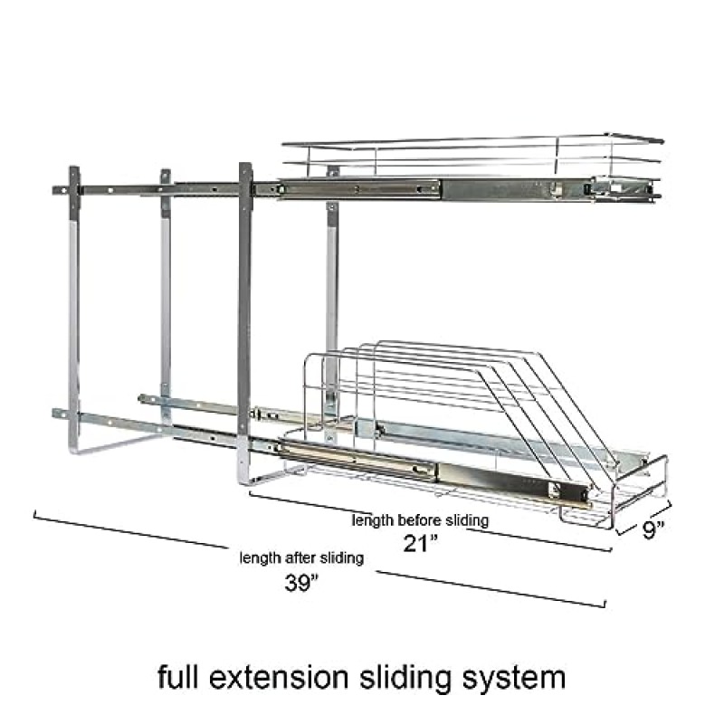 가정용 필수품 Glidez 다용도 크롬 도금 강철 풀아웃/슬라이드아웃 조리기구 및 제빵기구용 이중 슬라이딩 수납 정리함 - 2단 디자인 - 표준 크기 캐비닛 또는 선반, 크롬에 적합