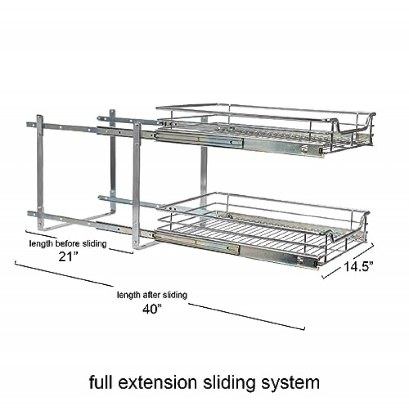 가정용 필수품 Glidez 다용도 크롬 도금 강철 풀아웃/슬라이드아웃 바구니 보관 정리함(캐비닛 아래 사용) - 2단 디자인 - 표준 크기 캐비닛 또는 선반에 적합(크롬)