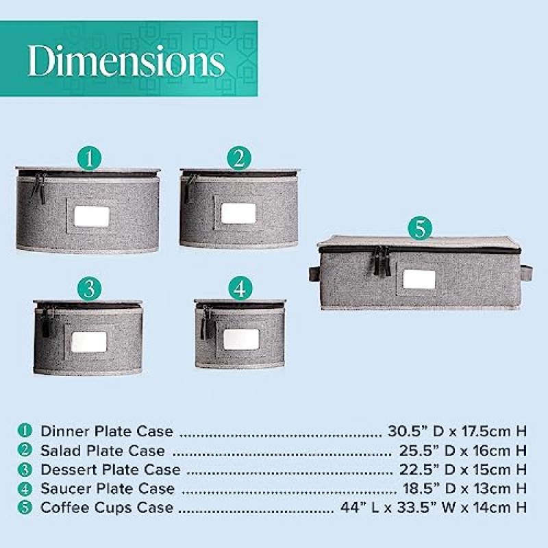 Woffit China 보관 용기 세트, 업그레이드됨, 단단한 껍질 및 쌓을 수 있음, 식기류 보관 및 운반용, 접시 컵 및 머그 보호, 펠트 접시 칸막이 포함(회색, 5피스 퀼팅 세트)