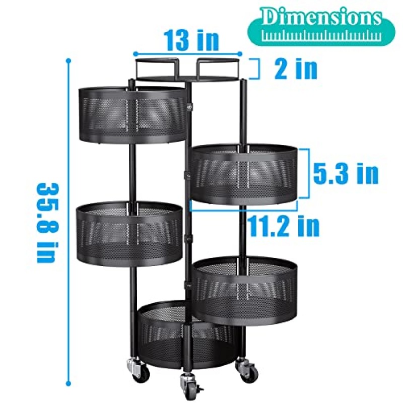 주방용 과일 야채 바구니, 회전식 보관함, 상단 뚜껑이 있는 5단 롤링 카트 바구니, 바퀴가 있는 대형 금속 와이어 바구니, 검정색