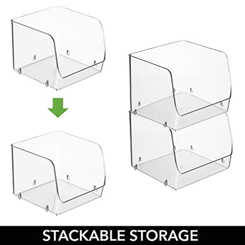 mDesign 초대형 가정용 쌓을 수 있는 플라스틱 식품 보관 정리함 바구니(주방 캐비닛, 식료품 저장실, 사무실, 옷장, 침실, 욕실 - 8.5인치 너비, 4팩 - 투명)를 위한 넓은 개방형 전면 포함