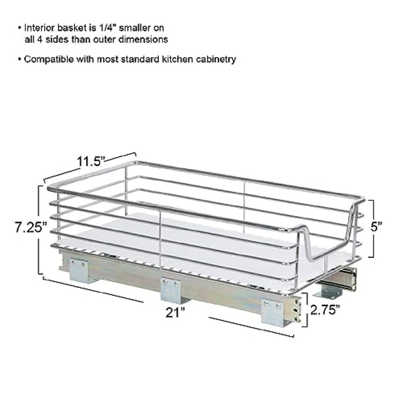 가정용 필수품 Glidez 크롬 도금 강철 풀아웃/슬라이드아웃 수납 정리함(캐비닛 아래 사용을 위한 플라스틱 라이너 포함) - 1계층 디자인 - 표준 크기 캐비닛 또는 선반에 적합(크롬)
