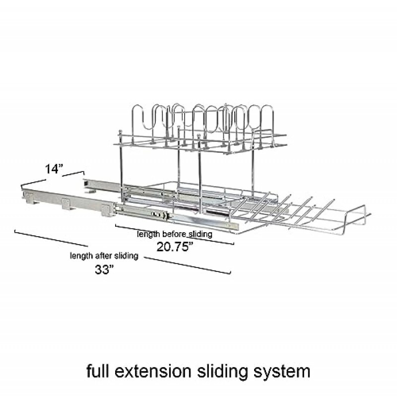 가정용 필수품 Glidez 다용도 크롬 도금 강철 풀아웃/슬라이드아웃 바구니 보관 정리함(냄비 및 뚜껑용) - 2단 디자인 - 표준 크기 캐비닛 또는 선반에 적합(크롬)
