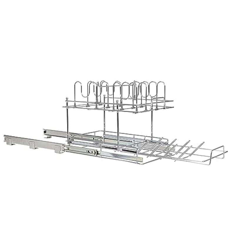 가정용 필수품 Glidez 다용도 크롬 도금 강철 풀아웃/슬라이드아웃 바구니 보관 정리함(냄비 및 뚜껑용) - 2단 디자인 - 표준 크기 캐비닛 또는 선반에 적합(크롬)