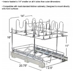 가정용 필수품 Glidez 다용도 크롬 도금 강철 풀아웃/슬라이드아웃 바구니 보관 정리함(냄비 및 뚜껑용) - 2단 디자인 - 표준 크기 캐비닛 또는 선반에 적합(크롬)