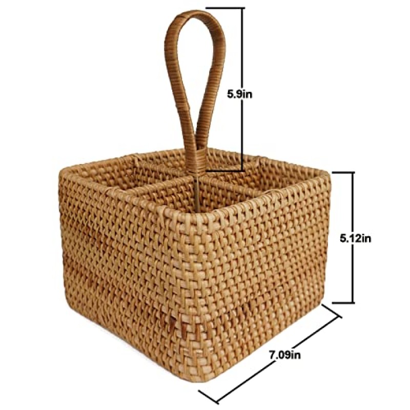 Lilacooqinn 소박한 등나무 기구 홀더 - 주방, 파티 및 캠핑용 짠 플랫웨어 캐디, 은색 식기 정리함, 간편한 보관을 위한 4개의 구획