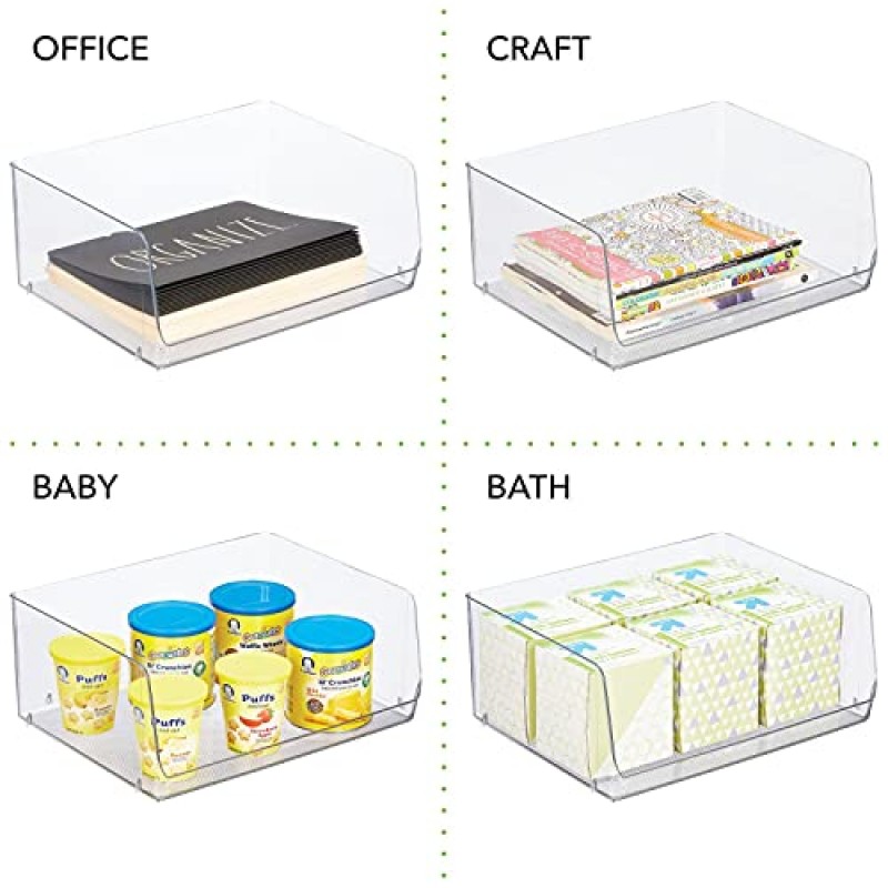 mDesign 가정용 주방 캐비닛, 식료품 저장실, 사무실, 옷장, 침실, 욕실 - 15.2인치 너비, 8팩 - 투명을 위한 전면 개방형 추가 폭의 쌓을 수 있는 플라스틱 식품 보관 정리함 바구니