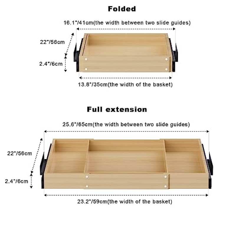 WEJIPP 풀 아웃 캐비닛 서랍 정리 소모품 슬라이딩 대나무 나무 보관함 정리 슬라이드 아웃 향신료 랙 컨테이너 정리 글라이딩 찬장 선반 주방 식료품 저장실 욕실, 2팩
