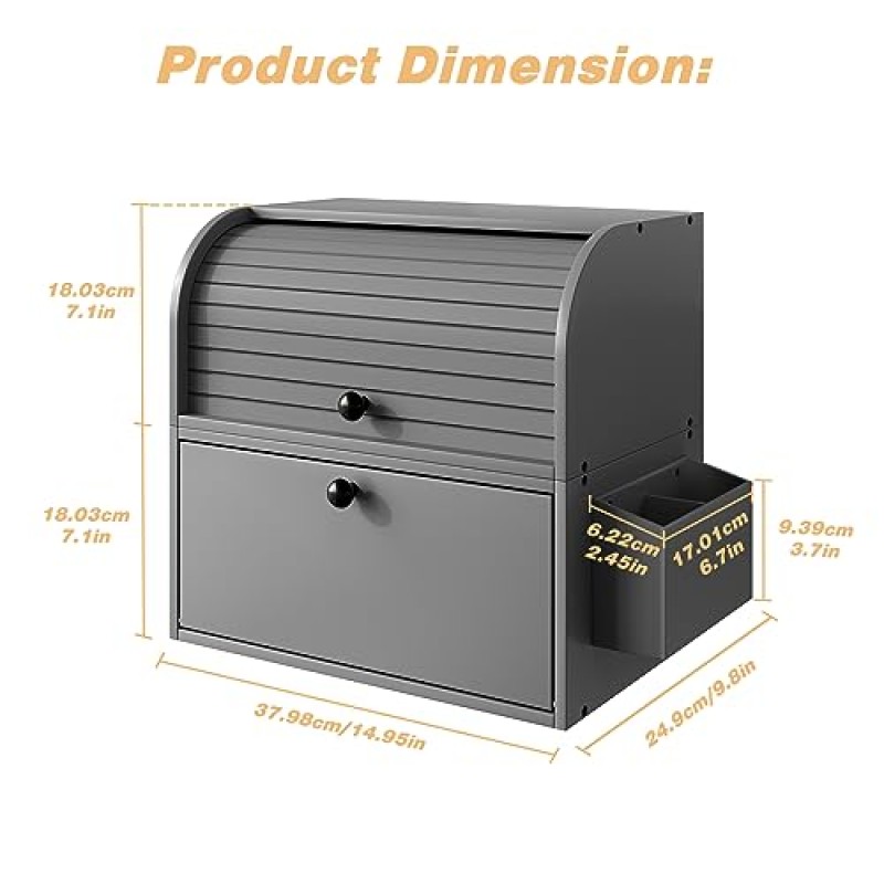 주방 조리대용 TQVAI 빵 상자, 더블 레이어 대나무 빵 보관 용기, 은식기 홀더가 있는 대형 빵통 - 조립 필요, 회색