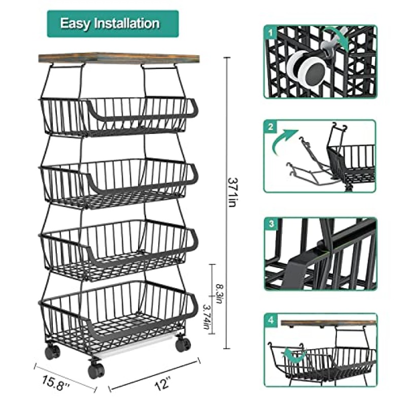 주방용 5단 과일 바구니, 나무 상단 롤링 휠이 있는 쌓을 수 있는 과일 및 야채 보관 카트 양파용 금속 와이어 바구니 정리함 주방 식료품 저장실용 감자 보관 유틸리티 랙 상자