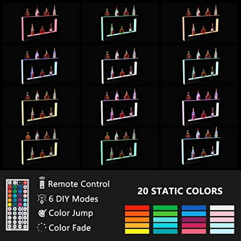 ROVSUN 벽 장착 LED 조명 주류 병 디스플레이 선반 원격 제어 기능이 있는 48인치 바 선반, 조명 주류 선반 LED 바 선반 맨 케이브 바 액세서리 상업용 홈