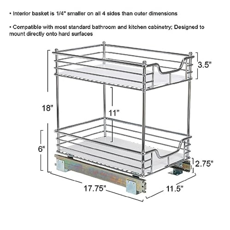 가정용 필수품 Glidez 다용도 크롬 도금 강철 풀아웃/슬라이드아웃 수납 정리함(캐비닛 아래 사용을 위한 플라스틱 라이너 포함) - 2단 디자인 - 표준 크기 캐비닛 또는 선반에 적합, 중간