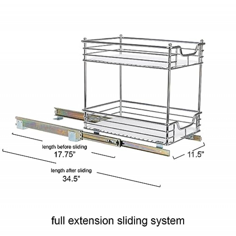 가정용 필수품 Glidez 다용도 크롬 도금 강철 풀아웃/슬라이드아웃 수납 정리함(캐비닛 아래 사용을 위한 플라스틱 라이너 포함) - 2단 디자인 - 표준 크기 캐비닛 또는 선반에 적합, 중간