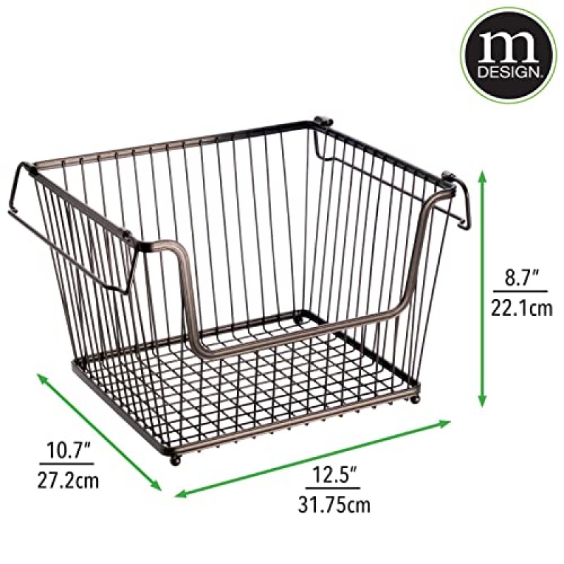 주방 보관용 mDesign 쌓을 수 있는 금속 바구니 - 식료품 저장실용 손잡이가 있는 대형 와이어 농가 통 바구니 - 음식, 음료용 쌓인 와이어 바구니 정리함 - 하이드 컬렉션, 6팩, 청동