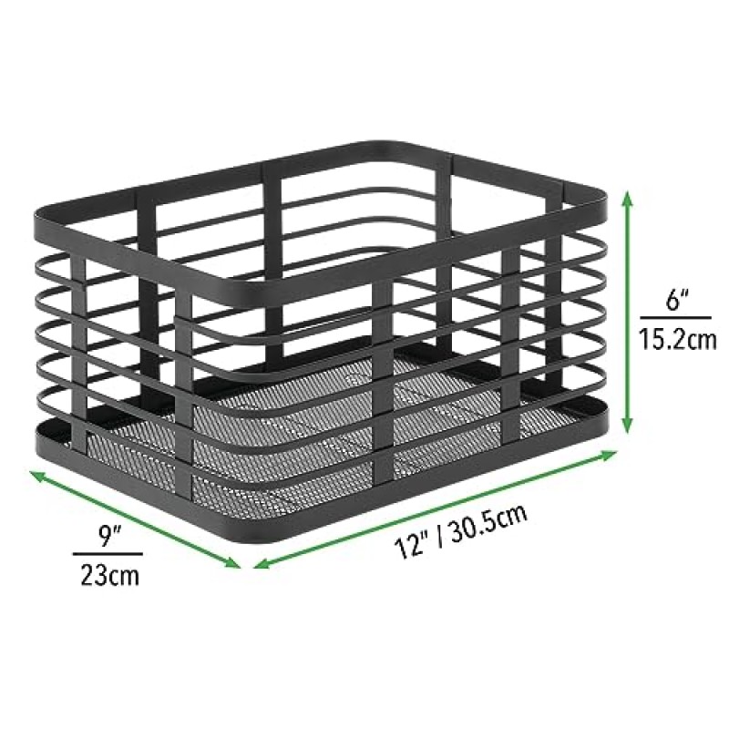 mDesign 주방 정리용 플랫 와이어 금속 바구니 - 12인치 와이드 음식 정리함 - 금속 보관 바구니 - 대용량 식료품 저장실 정리에 적합 - 카슨 컬렉션 - 3팩 - 매트 블랙