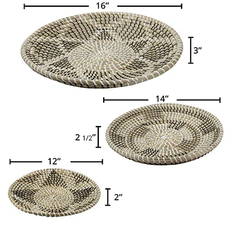 일반 고리버들 벽 바구니 장식 - 걸이식 직조 해초 플랫 바구니, 거실, 주방 또는 침실용 원형 보호 벽 바구니 장식, 독특한 벽 예술, 3개 세트: 16, 14인치 및 12개