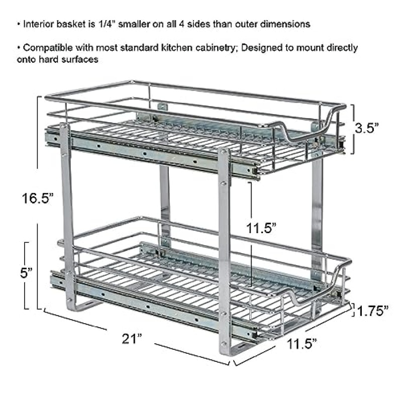 가정용 필수품 Glidez 슬라이드 아웃 캐비닛 정리함, 11.5인치 폭, 내구성이 뛰어난 크롬 도금 강철 프레임, 이중 바구니 및 부드러운 글라이드, 내구성 및 공간 최적화, 간단한 조립 및 설치, 크롬
