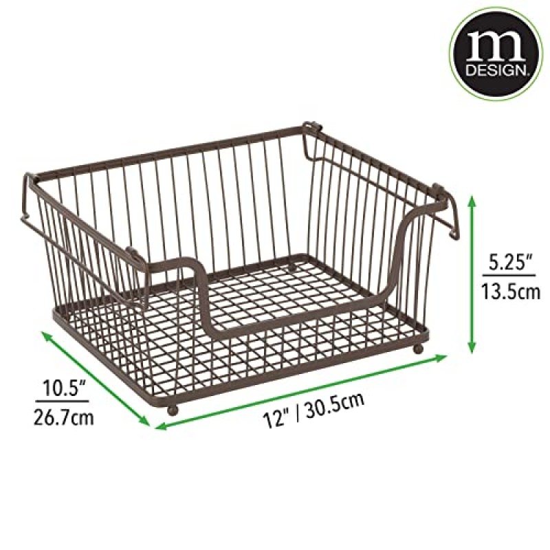 주방 보관용 mDesign 쌓을 수 있는 금속 바구니 - 팬트리 또는 카운터용 손잡이가 있는 와이어 농가 빈 바구니 - 다용도 스태킹 와이어 바구니 정리함, 하이드 컬렉션, 6팩, 브론즈