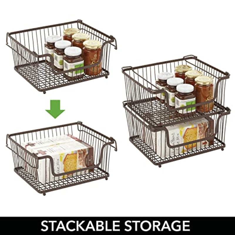 주방 보관용 mDesign 쌓을 수 있는 금속 바구니 - 팬트리 또는 카운터용 손잡이가 있는 와이어 농가 빈 바구니 - 다용도 스태킹 와이어 바구니 정리함, 하이드 컬렉션, 6팩, 브론즈