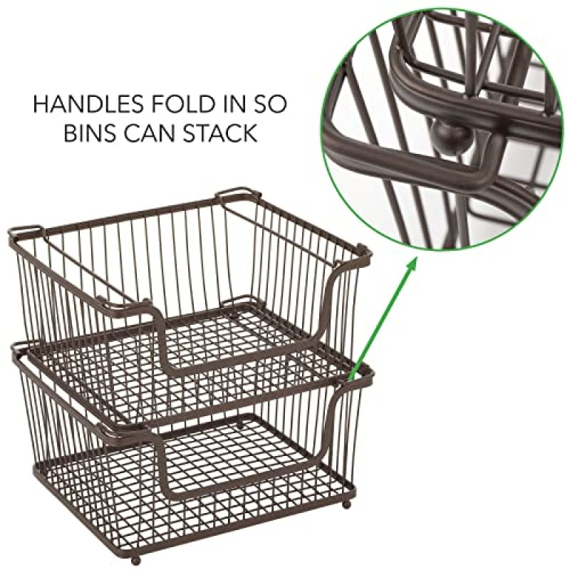 주방 보관용 mDesign 쌓을 수 있는 금속 바구니 - 팬트리 또는 카운터용 손잡이가 있는 와이어 농가 빈 바구니 - 다용도 스태킹 와이어 바구니 정리함, 하이드 컬렉션, 6팩, 브론즈