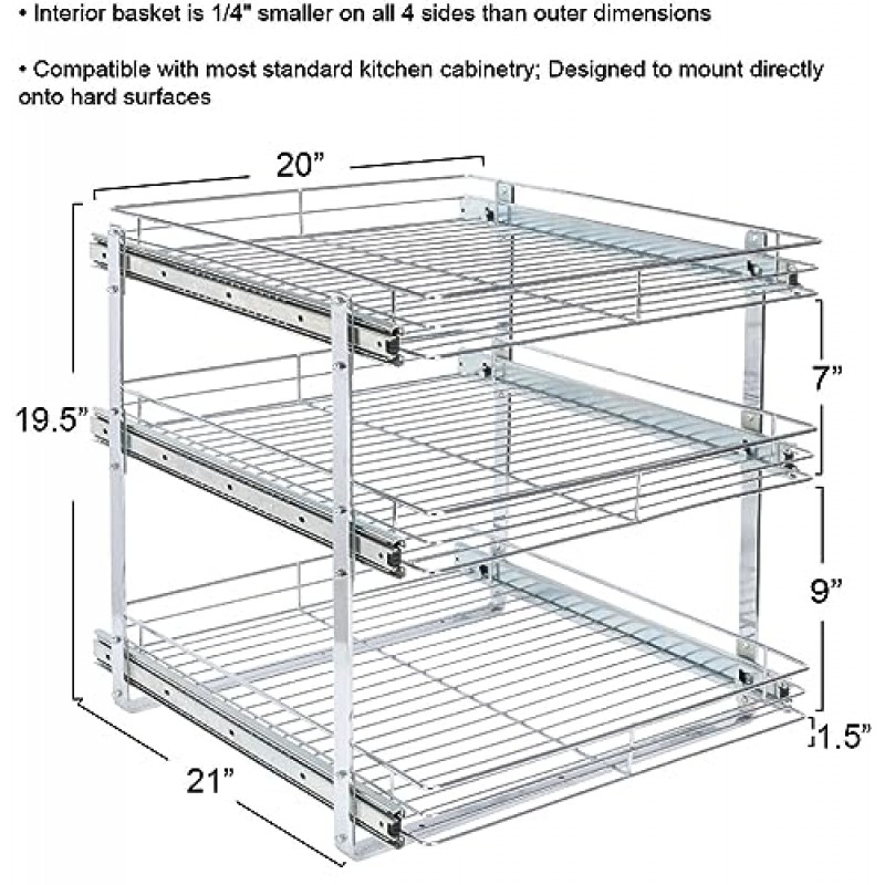 가정용 필수품 Glidez 다용도 크롬 도금 강철 풀아웃/슬라이드아웃 조리기구 및 제빵기구용 삼중 슬라이딩 수납 정리함 - 3단 디자인 - 표준 크기 캐비닛 또는 선반에 적합