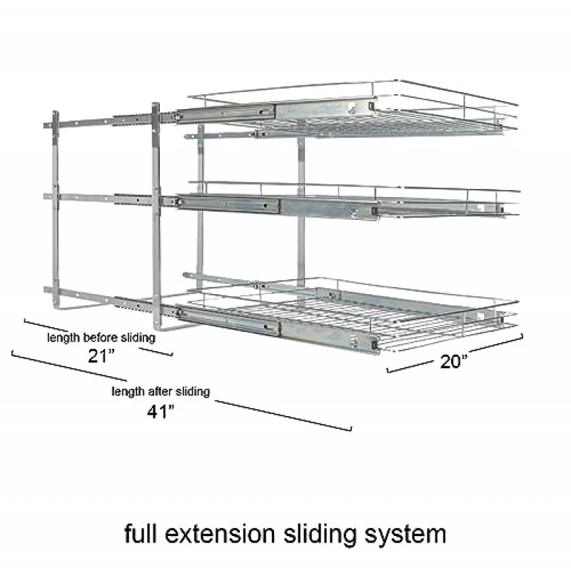 가정용 필수품 Glidez 다용도 크롬 도금 강철 풀아웃/슬라이드아웃 조리기구 및 제빵기구용 삼중 슬라이딩 수납 정리함 - 3단 디자인 - 표준 크기 캐비닛 또는 선반에 적합