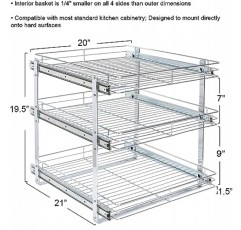 가정용 필수품 Glidez 다용도 크롬 도금 강철 풀아웃/슬라이드아웃 조리기구 및 제빵기구용 삼중 슬라이딩 수납 정리함 - 3단 디자인 - 표준 크기 캐비닛 또는 선반에 적합