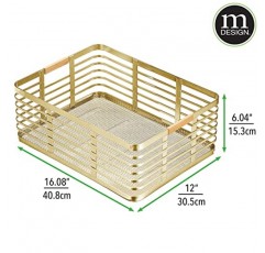 mDesign 금속 와이어 소박한 농가 대형 식품 정리함 주방 식료품 저장실 선반, 캐비닛 또는 찬장용 대나무 나무 손잡이가 있는 보관함 바구니 - 2팩 - 부드러운 황동/천연