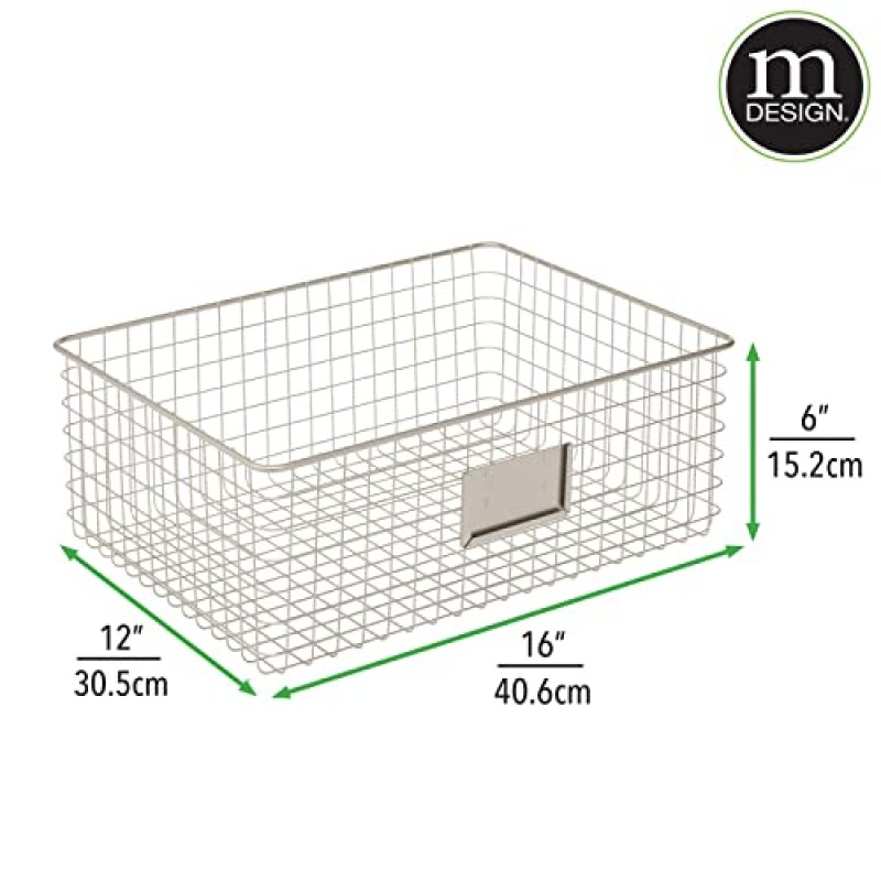 mDesign 주방 식료품 저장실, 캐비닛, 음식, 음료, 스낵, 농산물, 오마하 컬렉션, 8팩, 새틴 정리용 홀더용 라벨 슬롯이 있는 넓은 강철 유선 스토리지 정리함 바구니