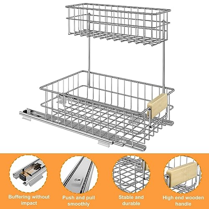 인출식 캐비닛 정리함, 싱크대 아래 슬라이드 아웃 보관 선반(2단 슬라이딩 와이어 서랍 포함), 주방 캐비닛 내부용 슬라이딩 보관함 - 11.5인치 W x 16.5인치 D(오른쪽)