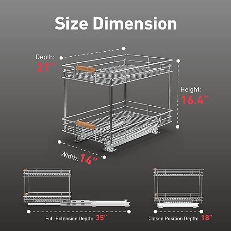 마운트 워커 풀아웃 캐비닛 정리함(가로 14인치 x 세로 21인치), 나무 손잡이가 있는 2단 슬라이드 아웃 캐비닛 선반, 캐비닛용 슬라이딩 서랍 풀 아웃 보관 선반, 크롬