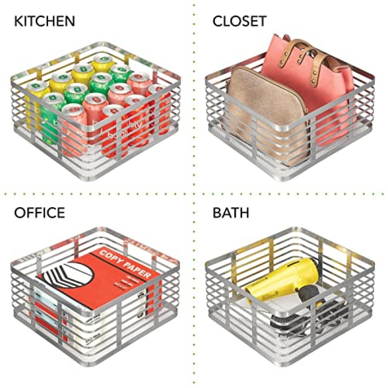 mDesign 강철 금속 와이어 주방 음식 보관 정리함 식료품 저장실 조직용 빈 바구니 - 선반용 손잡이가 있는 유선 농가 바구니 - 카슨 컬렉션 - 6팩, 크롬
