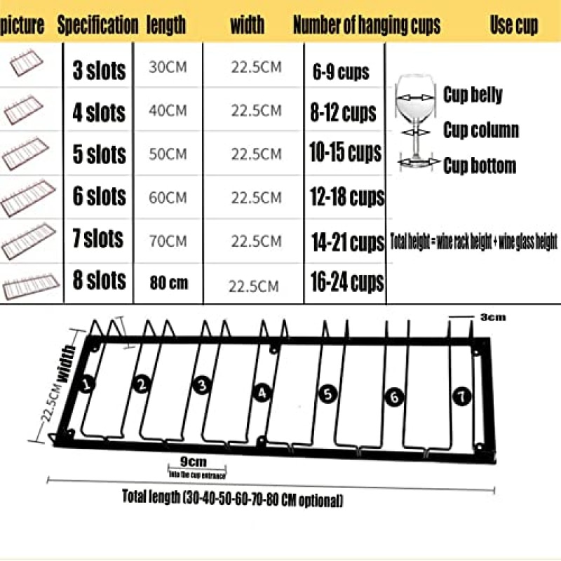 선반 아래 와인 글라스 랙 블랙 7열, 8열, 금속 철 잔 스템웨어 랙 홀더, 찬장용 와인 글라스 랙 걸이, 최대 6-24잔 보관 가능(골드 4 슬롯)