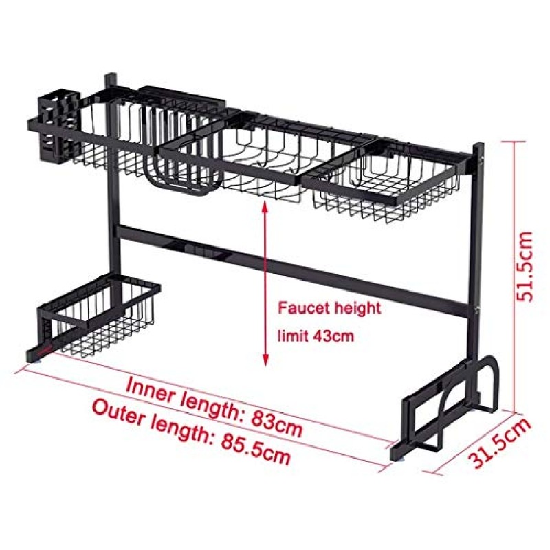 가정용 주방 보관 선반, 싱크대 위에 접시 건조 랙, 검은 색 스테인레스 스틸 드레이너 디스플레이 선반,기구 홀더가있는 수조 공간 절약 식기 정리함