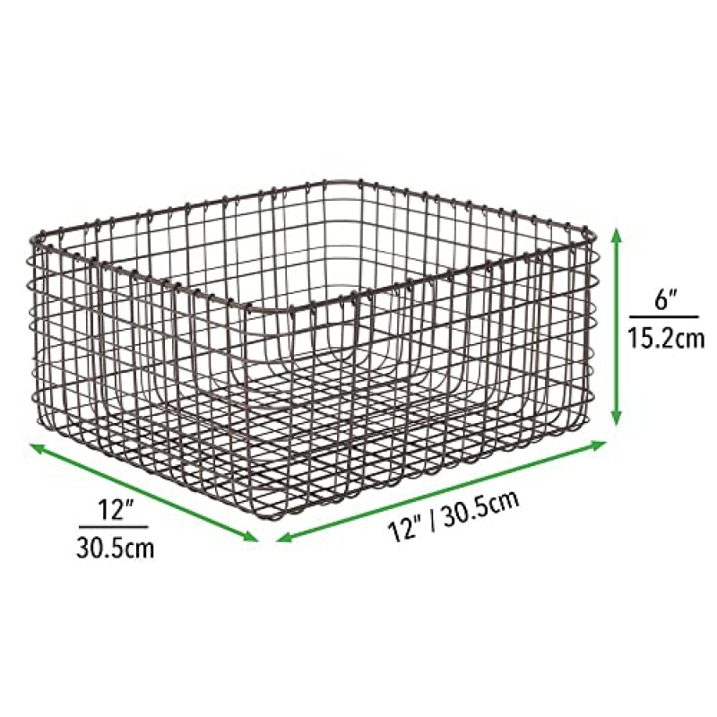 mDesign 농가 장식 금속 와이어 식품 정리함 주방 캐비닛, 식료품 저장실, 욕실, 세탁실, 옷장, 차고, 12인치 길이 - 6팩 - 브론즈용 보관함 바구니