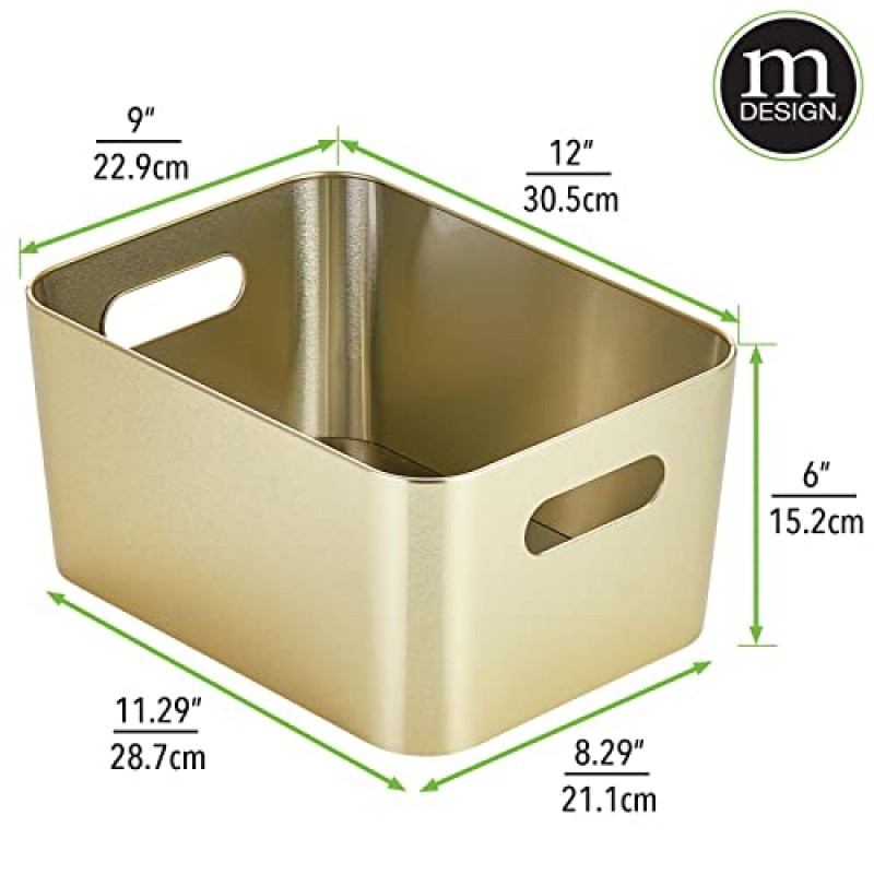 mDesign 강철 금속 보관 용기 상자 바구니, 손잡이 - 주방 식료품 저장실, 캐비닛, 냉장고, 서랍, 냉동고 정리함 - 음식/스낵 홀더 상자, 9인치 너비, Mirri 컬렉션, 4팩, 연질 황동