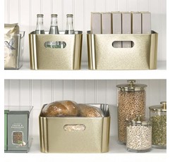 mDesign 강철 금속 보관 용기 상자 바구니, 손잡이 - 주방 식료품 저장실, 캐비닛, 냉장고, 서랍, 냉동고 정리함 - 음식/스낵 홀더 상자, 9인치 너비, Mirri 컬렉션, 4팩, 연질 황동