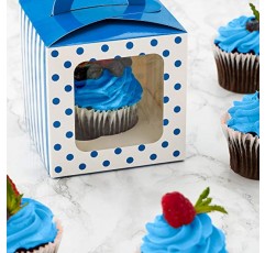 Restaurantware Pastry Tek 4.5인치 개별 컵케이크 상자, 물방울 무늬 컵케이크 호의 상자 100개 - 1개에 맞음, 창문 포함, 파란색 종이 컵케이크 선물 상자, 손잡이 내장, 결혼식 또는 파티용