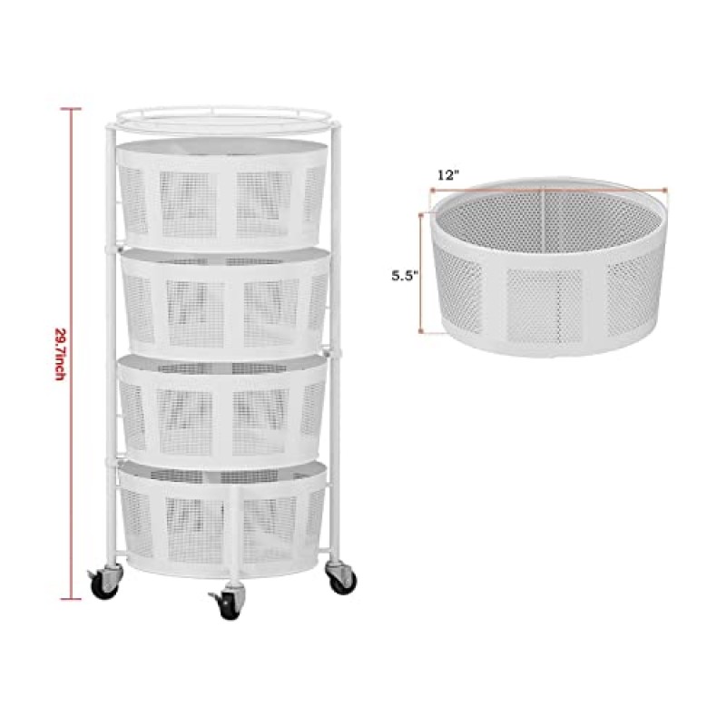 금속 회전 보관 바구니 주방 보관함 바퀴가 달린 과일 야채 바구니 이동식 스탠딩 유닛 선반 부엌 홈용 유틸리티 카트(흰색, 4단)